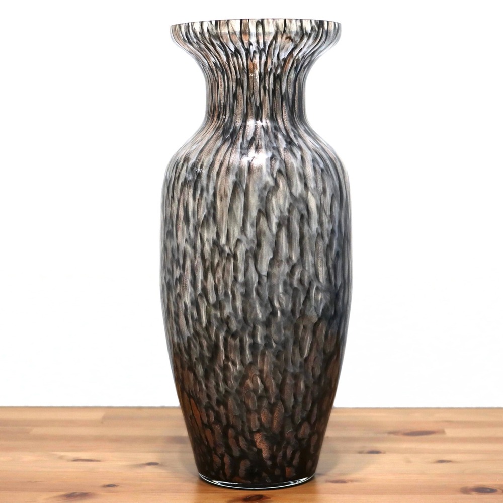 Murano Art Glass Vase Large 20.5" Silver Black Copper Aventurine Italy Decor